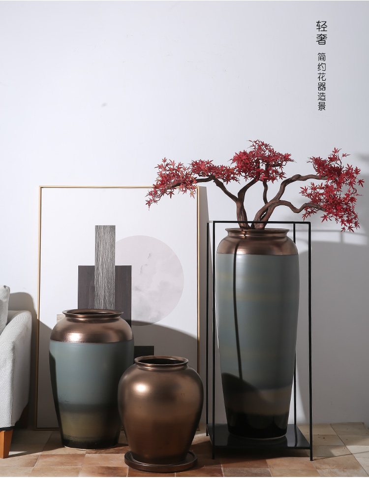 新中式落地大花瓶灰金色陶罐客厅摆件装饰客厅软装饰玄关轻奢摆设